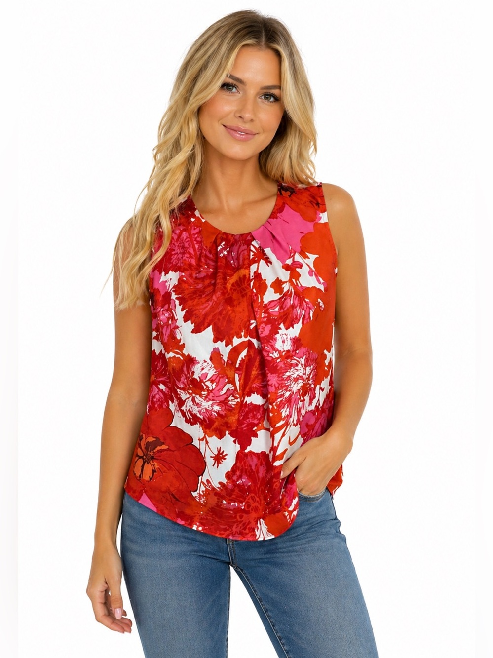 Jones New York Floral Sleeveless Blouse Red Pink White Pleated Neck Top Size 4